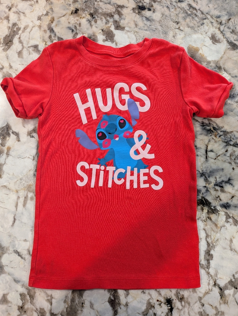 Disney Red Kids T-Shirt with Blue Stitch 'Hugs & Stitches' Graphic